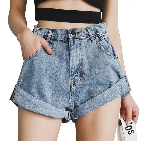 

high waist denim shorts women summer loose 2020 new retro streetwear elastic waist cuffs wide leg pants shorts1, Blue