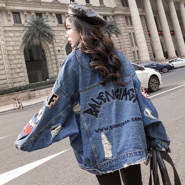 

bf harajuk big loose denim jacket women embroidery jeans coat hip hop hole single breasted jeans jacket casual women jacket 201007, Black;brown