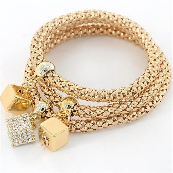 

1 set vintage designer rhinestones gold color charm smooth cube square bracelet popcorn chain jewelry for women bracelet 55mm, Black