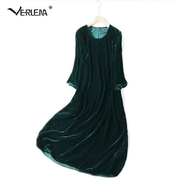 

pocket sheen silk made pleuche solid wine red autumn winter dress women verlena o-neck mid-calf casual loose inside dress 201125, Black;gray