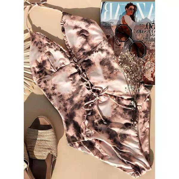 

european and american neck strap deep v bikini women amazon new print triangle one piece swimsuit434
