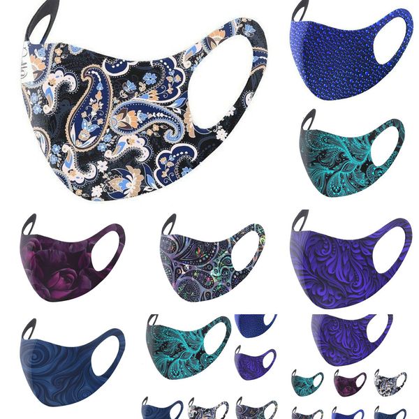 

trade fashion designers face masks blue foreign style breathable ice silk multicolor printing thin section washable waist mask 6 n7mgs