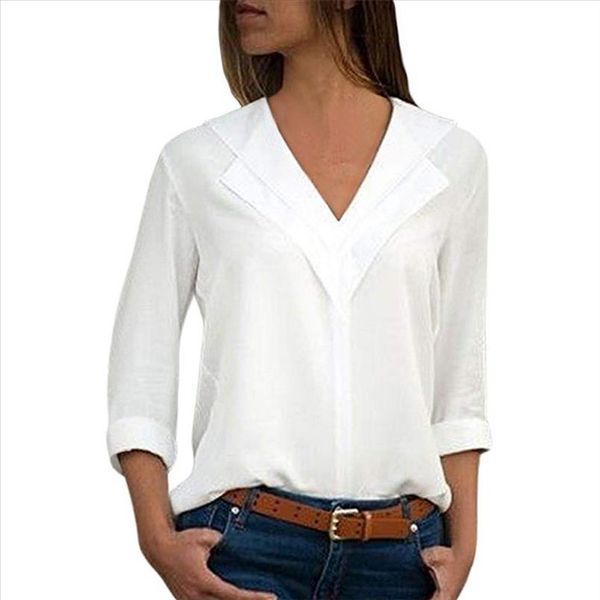 

women blouses solid long sleeve girl shirts fashion chiffon solid shirt office ladies plain roll sleeve lady blouse, White