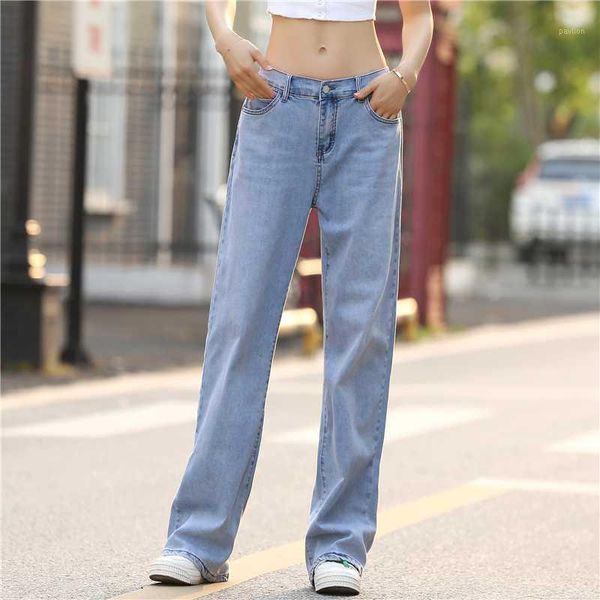 

2020 new fashion brand oversized plus size jeans wide leg pants mid loose casual light full length button cotton1, Blue