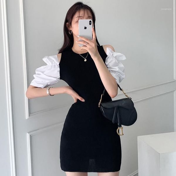 

casual dresses zcsmll 2021 vintage fashion female round neck slim contrast color stitching leaky shoulder puff sleeve dress women1, Black;gray