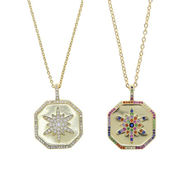 

gold filled hexgon pendant jewelry engrave north star rainbow white cubic zircon paved chocker necklace delictae thin chain gift, Golden;silver