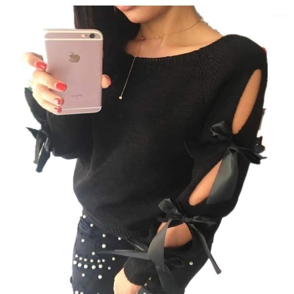 

autumn women long sleeve ribbon lace up knitwear sweater fashion solid color bowknot pullover side slit sweaters1, White;black