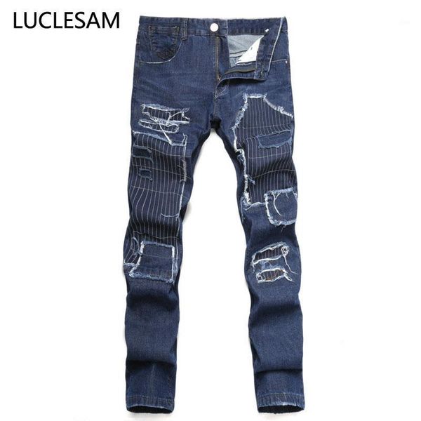 

mens straight patchwork jeans summer fashion men denim pants casual slim fit skinny embroidery trousers designer jeans for men1, Blue