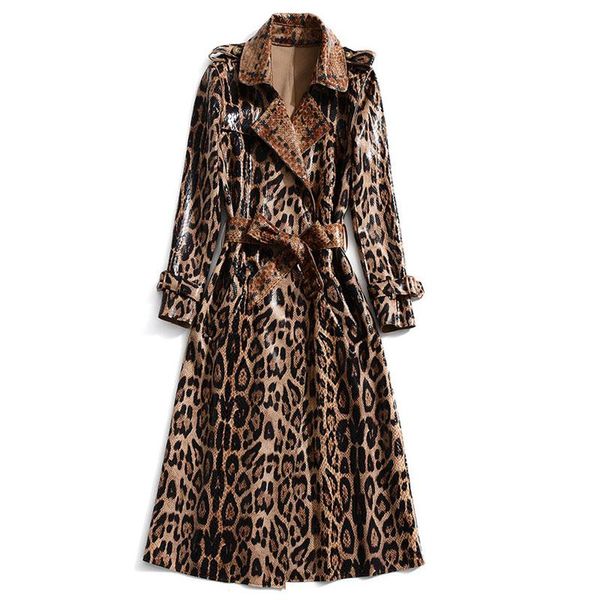 Damen Trenchcoats XF Windjacke 2021 Frühling und Herbst Modedesigner Show Reversgürtel Schlangenleder Leopardenmuster England Eleganter Mantel