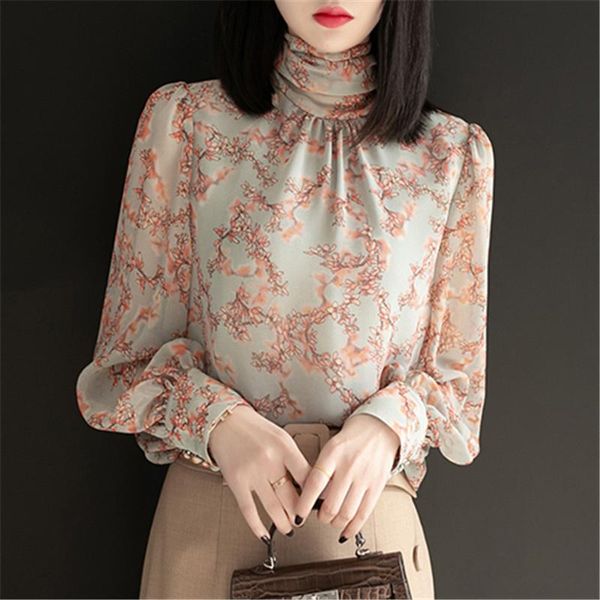 

women spring autumn style chiffon loose blouses shirts lady casual turtleneck chiffon long sleeve printed blusas dd0007, White