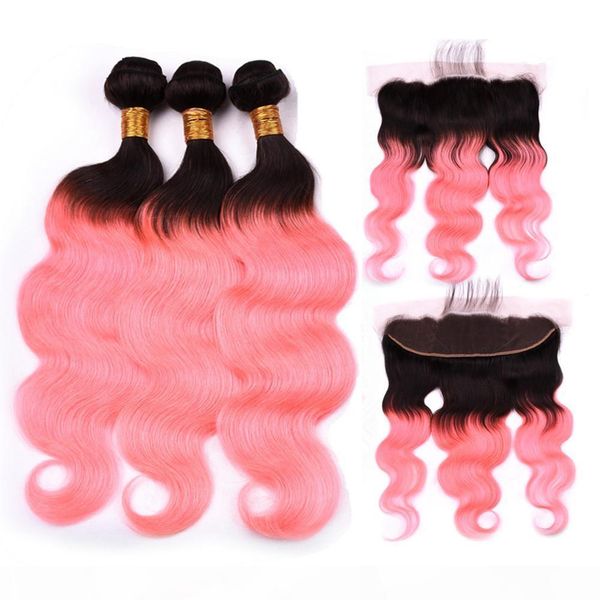 

indian human hair rose gold ombre body wave weaves 3bundles with 13x4 lace frontal #1b pink ombre hair wefts with frontal lace closure, Black