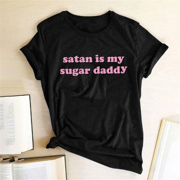 

satan is my sugar daddy printing christmas t-shirts women summer 2021 woman tshirts fashion short sleeve harajuku for teens, White
