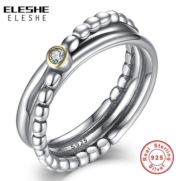 

eleshe engagement wedding jewelry accessories cubic zirconia twist cross ring beaded 925 sterling silver rings for women bijoux 201006, Golden;silver