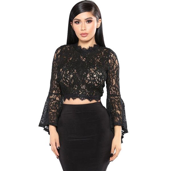 

2020 new hollow out crop women embroidery black floral lace long flare sleeve ladies blouses shirt clubwear blusas, White