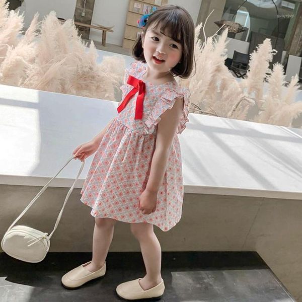 

dfxd casual girl dress 2020 new summer sleeve floral dress lovely kids cotton clothing sweet bow costume children 1-5t1, Red;yellow