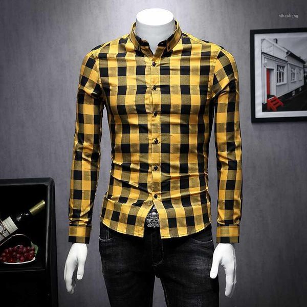 

men's dress shirts british style 2021 autumn plaid printing shirt man long sleeve camisa masculina men clothes homem1, White;black