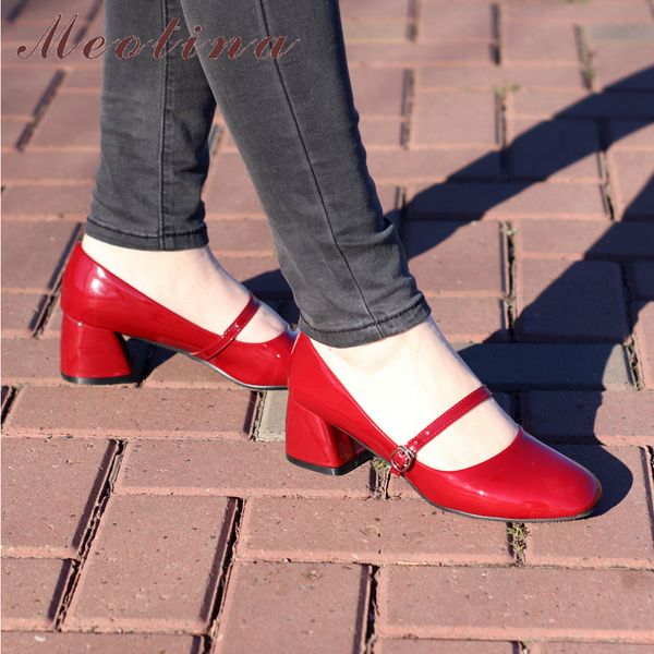 

meotina high heels shoes women mary janes shoes patent leather med heel pumps buckle square toe ladies shoes red plus size 33-43 y1215, Black