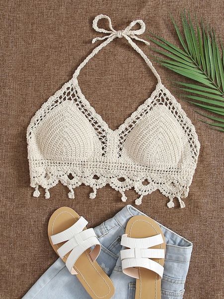 

halter neck crochet bikini d45g#, White;black