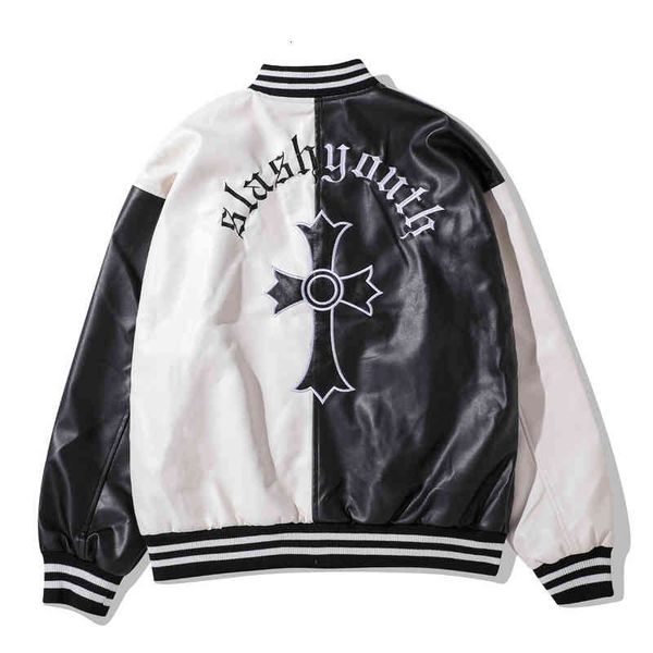 

men's hoodies & sweatshirts cross embroidered contrast sewn leather jacket from high street plutonium in fashion strike loose wkqf mc5g, Black