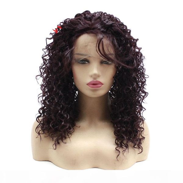 

kinky curly synthetic lace frontal wig color 99j simulation human hair lace front wigs 1995-99j perruques, Black;brown