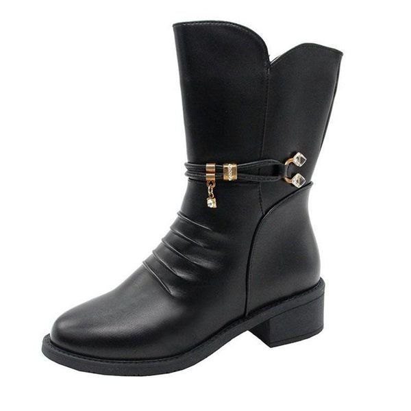 

boots fashion round toe zipper mid-calf women plus velvet warm winter shoes botas de mujer black square heels bootie