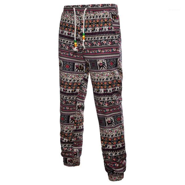 

2019 new men's fashion printed linen cotton casual trousers national flower men's casual pants thin and comfortable breathable1, Black