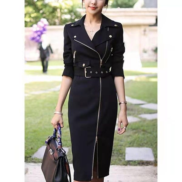 

runway new 2021 long sleeve stretch slim zipper dress 201227lj01, Black;gray