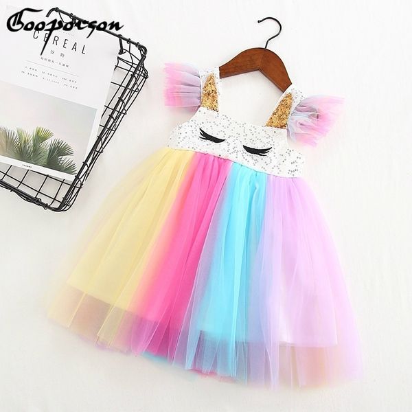 

2020 girl's girls eyelash sequins petal sleeves rainbow cute lovely unicorn princess tutu toddler girl dress lj200923, Red;yellow