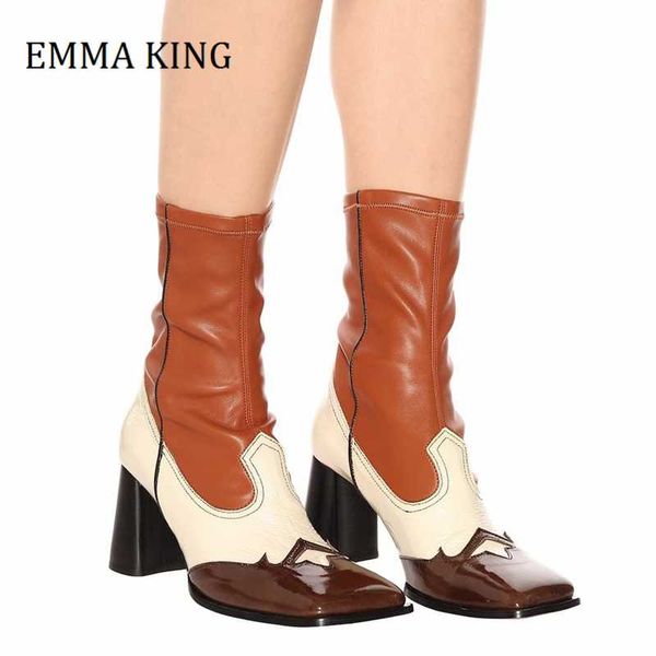 

2020 women stretch cowboy boots street style leather square toes patchwork women ankle boots chunky heel shoes sock, Black
