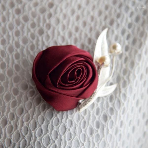 

elegant wine red satin roses corsage for wedding bride suite decor boutonniere with pear pin brooch for party dress decor1