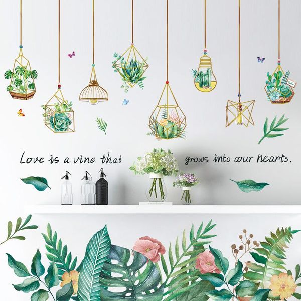 

wall stickers [shijuekongjian] green potted diy tropical leaves decals for living room bedroom kitchen house decoration