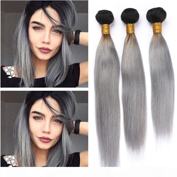

black and silver grey 2tone ombre indian virgin human hair weave bundles 3pcs 300gram silky straight 1b grey ombre virgin hair wefts
