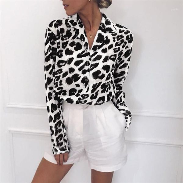 

blouse long sleeve leopard print blouse turn down collar lady office shirt tunic casual loose plus size blusas1, White