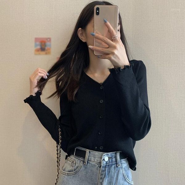 

early autumn new style v-neck knitted cardigan long-sleeved button short with wood ears1, Black;brown