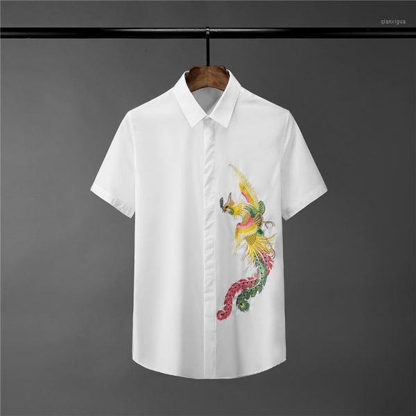 

new solid color mens shirts luxury 3d embroidery short sleeve mens dress shirts plus size 3xl 4xl slim fit party male1, White;black