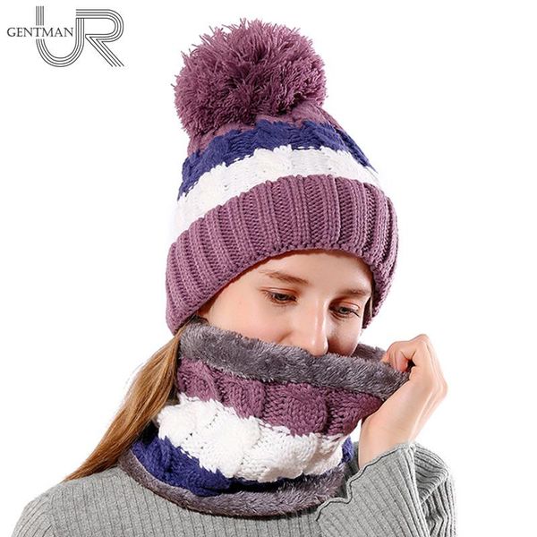 

beanie/skull caps warm winter hat for women female fur lined soft beanie neck warmer scarf thick striped color knitted fashion pompom, Blue;gray