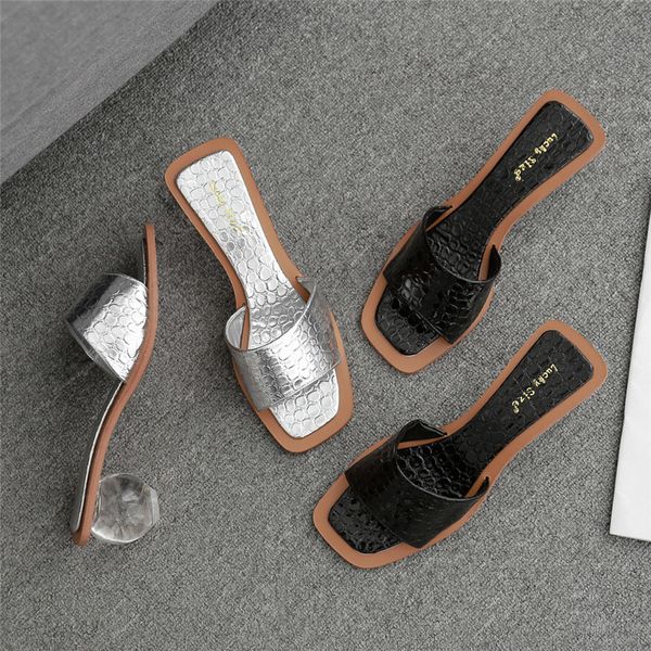 

female 2020 summer crystal designer light high slides fashion lady toe open weird low heels party slippers ney3, Black