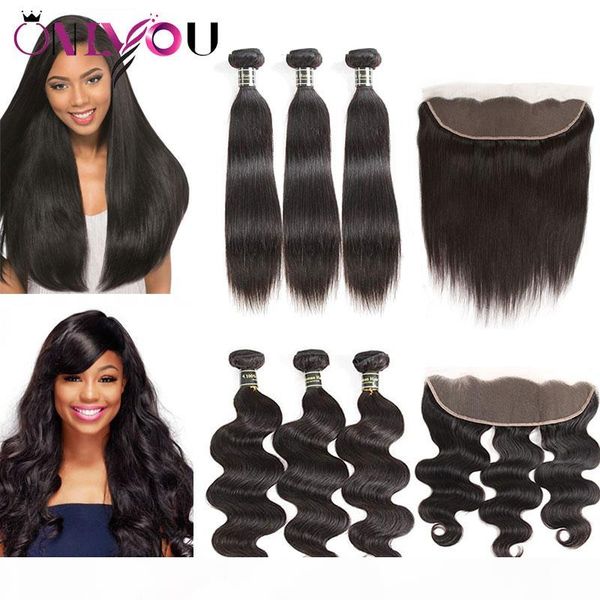 

brazilian virgin hair 3 bundles with 13*4 lace frontal straight body wave human hair extensions remy hair wefts with closure, Black;brown