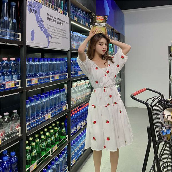 

2019v collar waistband strawberries very french fairy style platycodon embroidery dress summer, Black;gray