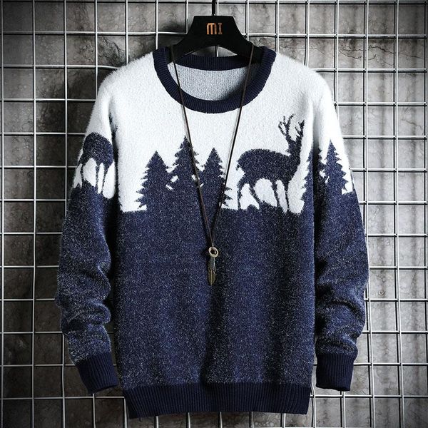 

huncher mens knitted sweater men 2020 autumn winter casual christmas tree deer pullover vintage black slim fit sweaters male, White;black