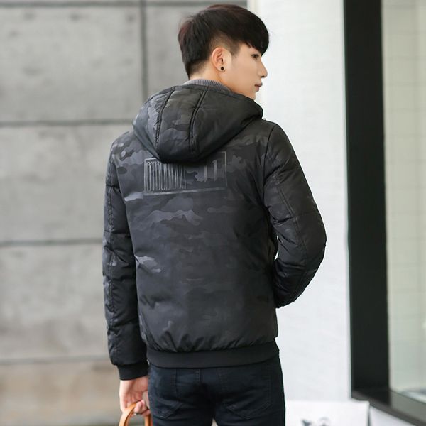 

new young down jacket men's camouflage short hooded thickened korean fashion embroidered label warm, Black
