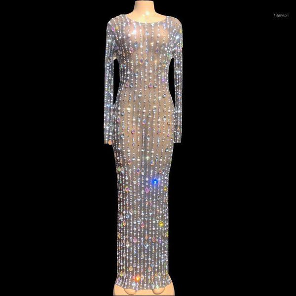 

women rhinestones pearls mesh dress birthday evening celebrate party long dress nightclub outfit stage costume dresses1, Black;gray