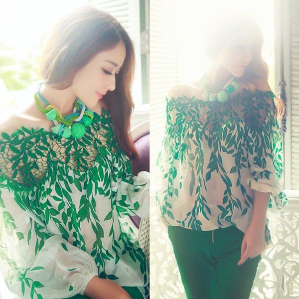 

plus size women summer blouse boho long sleeve blouse baggy ladies lace shirts retro slash neck print green shirts1, White