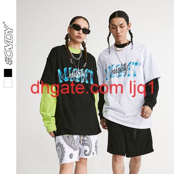 

wxwovdy men's 2021 spring summer street trendy hand brush letter printing men's oversize round neck short sleeve t, White;black