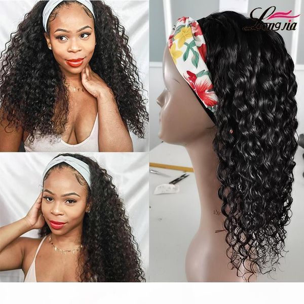 

water wave headband wigs brazilian non lace scarf wig curly virgin human hair wigs for women, Black;brown