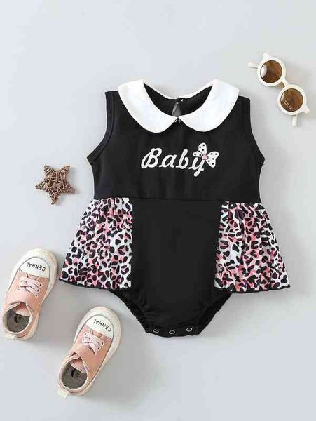 Baby Leopard Letter Gráfico Contraste Peter Pan Collar Bodysuit ela