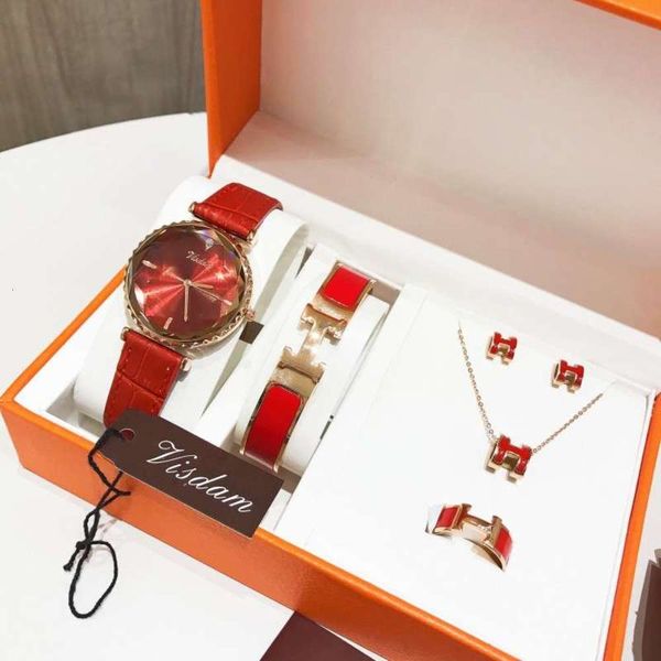 

five visdam piece new women's watch set fashion belt titanium steel jewelry gift set quartz waterproof women's watch, Slivery;brown