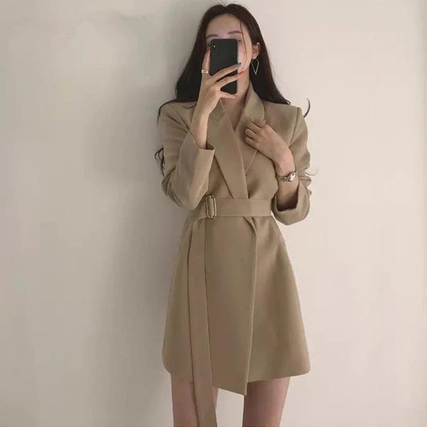 

spring autumn women's long blazers jacket with belt female notched outerwear office lady coat england style cardigan, White;black