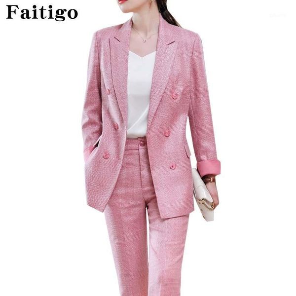 

plaid blazer set women autumn winter fashion double breasted ladies blazer with pants business 2 piece set office wear suit1, White