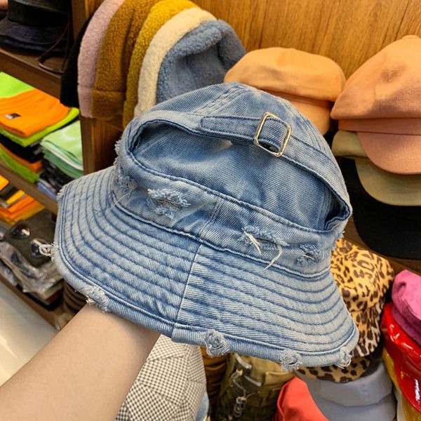 

women's jmx / hat versatile wash hole cowboy autumn and winter pin button personality 2019 new fashion, Blue;gray